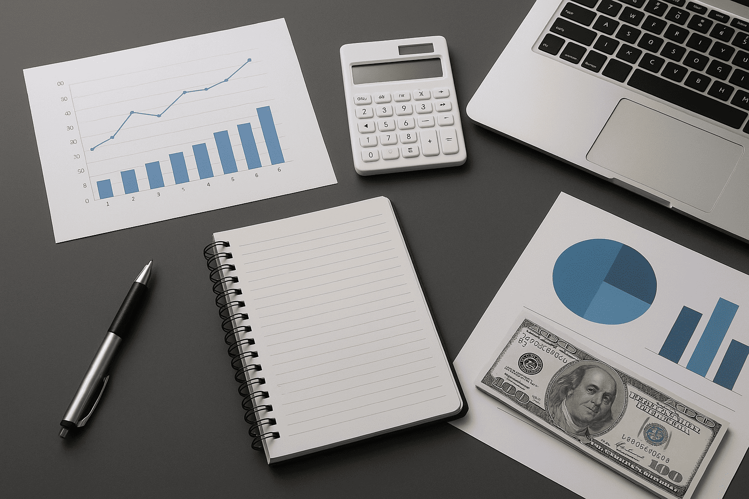 Реалистичная бизнес-иллюстрация рабочего стола с графиками, ноутбуком, калькулятором и блокнотом без людей