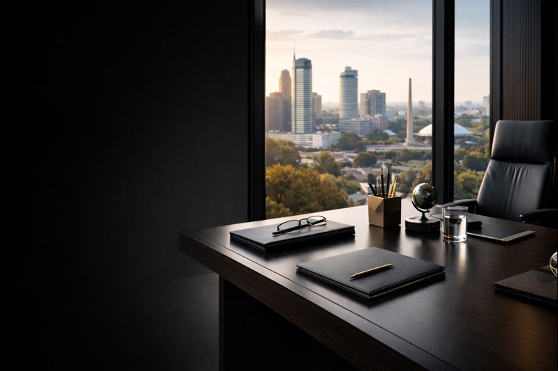 Строгий минималистичный интерьер executive-пространства, символизирующий стратегическое управление, лидерство и высокий уровень бизнес-менеджмента