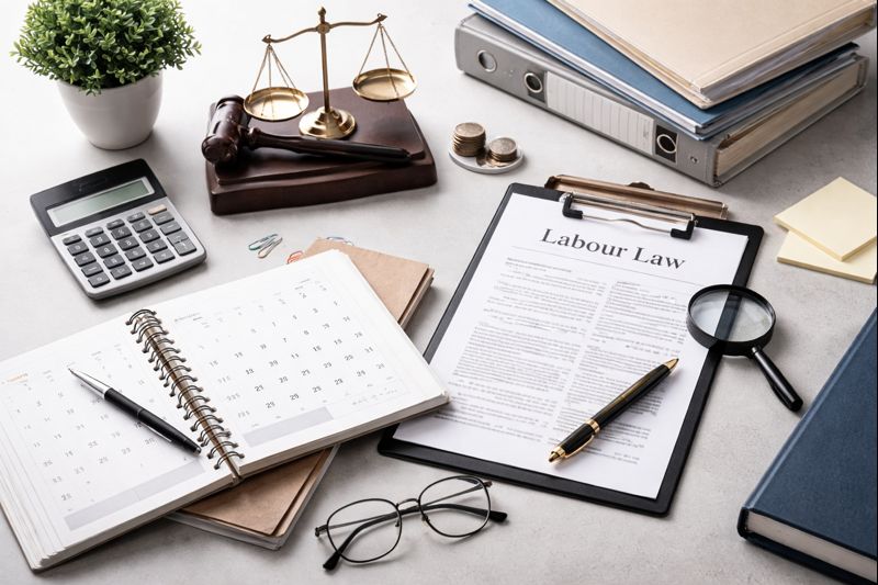 Рабочее пространство с документами по трудовому праву, календарем и офисными принадлежностями