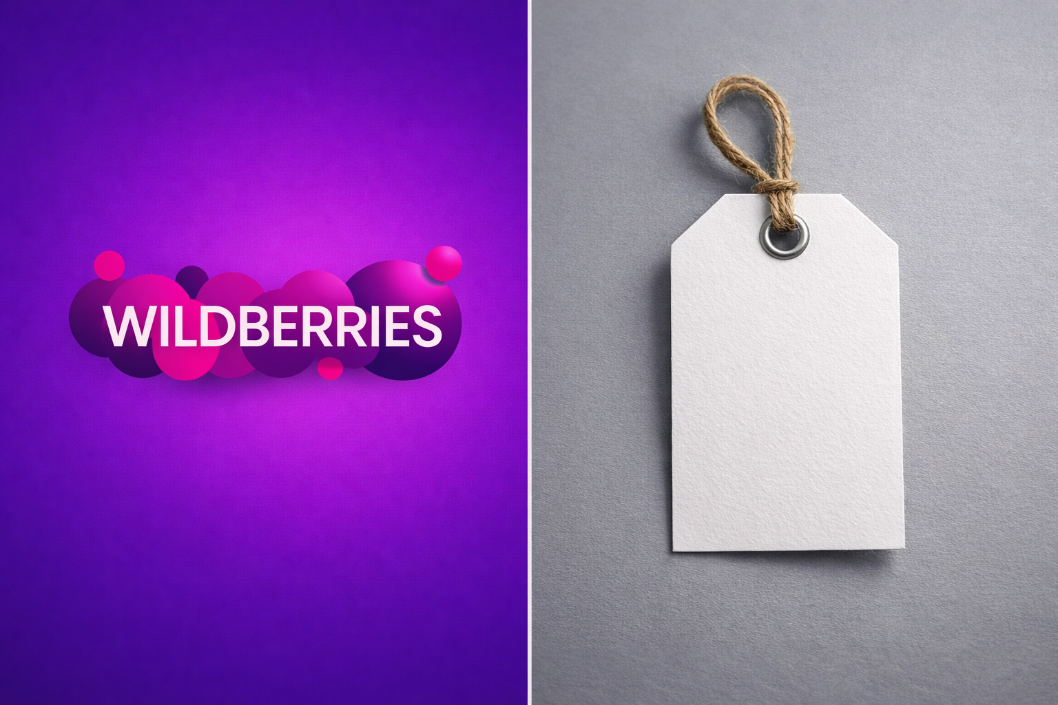 Коллаж, иллюстрирующий ценообразование на маркетплейсе Wildberries: фирменный логотип и ценниковый ярлык, бизнес-минимализм