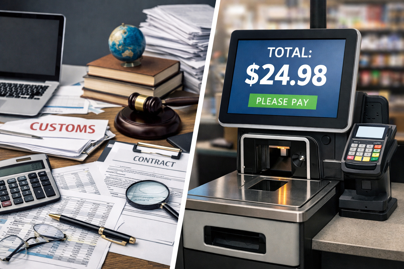 Коллаж: офисный стол с документами по внешнеэкономической деятельности и касса самообслуживания с ценой на экране, символ ценообразования и налоговых рисков