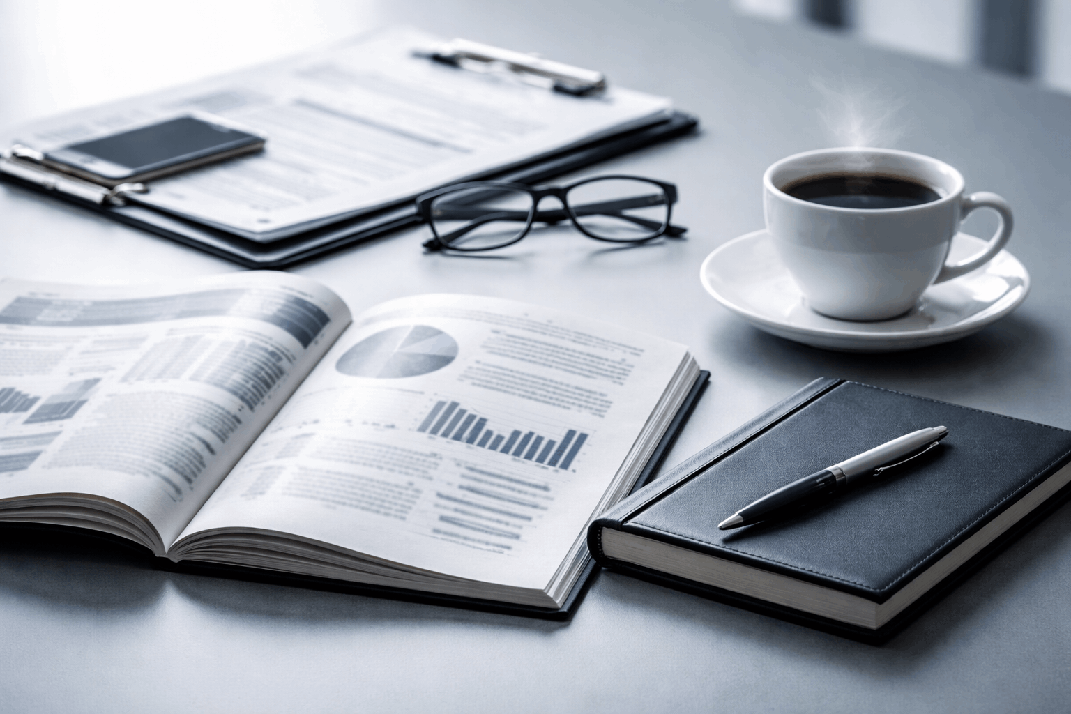 Деловой минималистичный визуал: рабочий стол с документами, журналом, канцелярией и офисными предметами в строгом бизнес-стиле