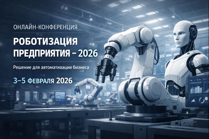 Промышленная роботизация и автоматизация производства — визуал онлайн-конференции «Роботизация предприятия 2026»