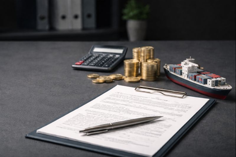 Документы и расчёты по таможенным платежам: деловой стол с договором, монетами, калькулятором и моделью грузового судна